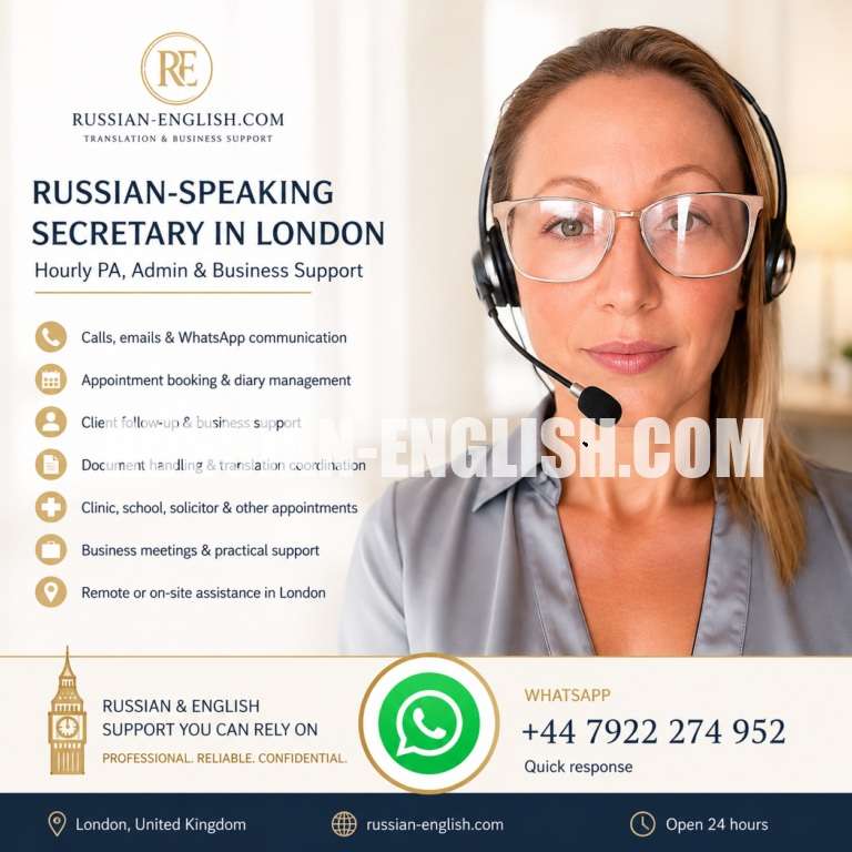 Russian-English Office Secretary in London — Hourly Bilingual Admin Support