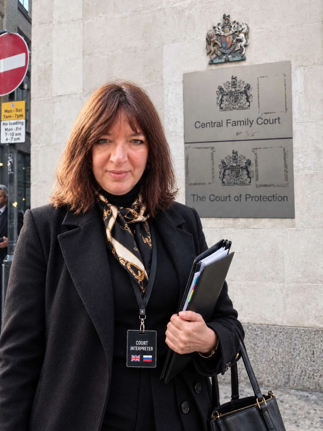 Elena, Russian and English court interpreter, outside the Central Family Court and Court of Protection, High Holborn, London